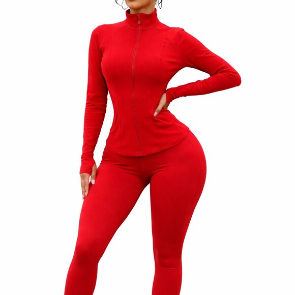 Pants - Women's 3-Piece Workout Set with Zip-Up Jacket, Tank Top and High-Waist Leggings